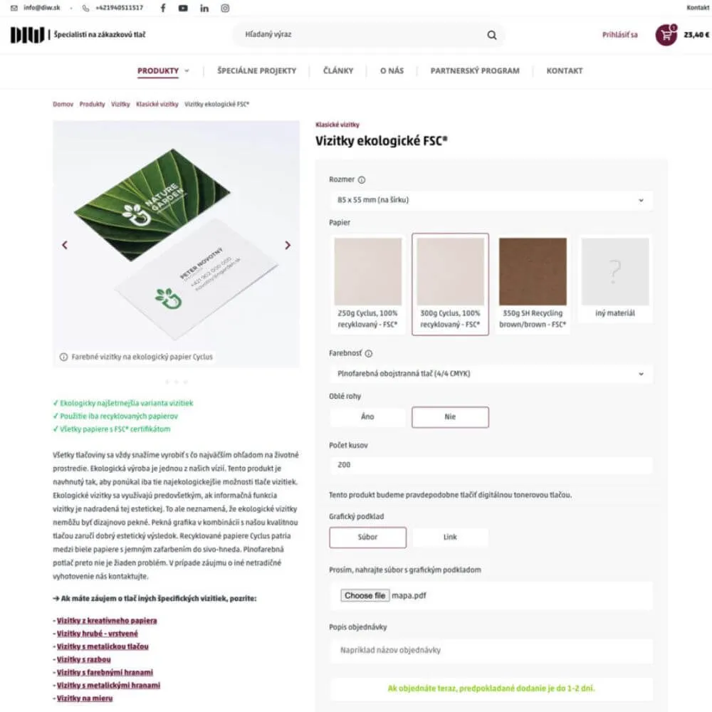 Konfigurátor ekologických vizitek na e-shopu DIW