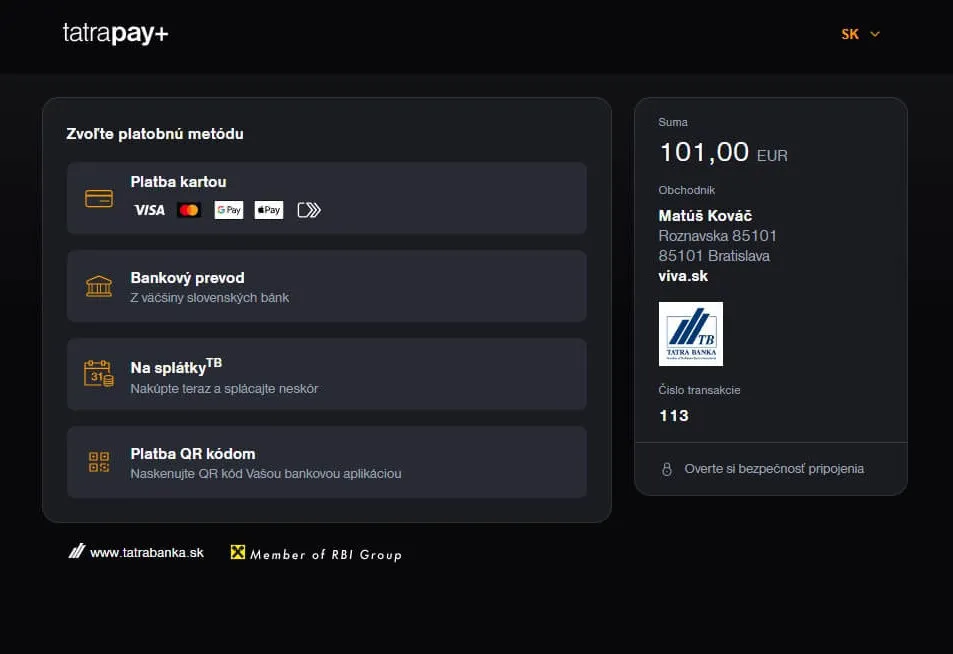 Výběr platební metody v platební bráně tatrapay+